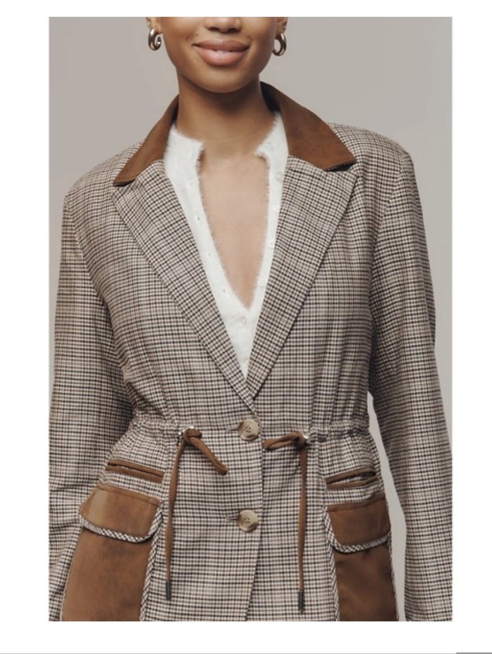 Maeve Anthropologie Women's S Brown Plaid Cinch Waist Blazer Jacket Coat‎